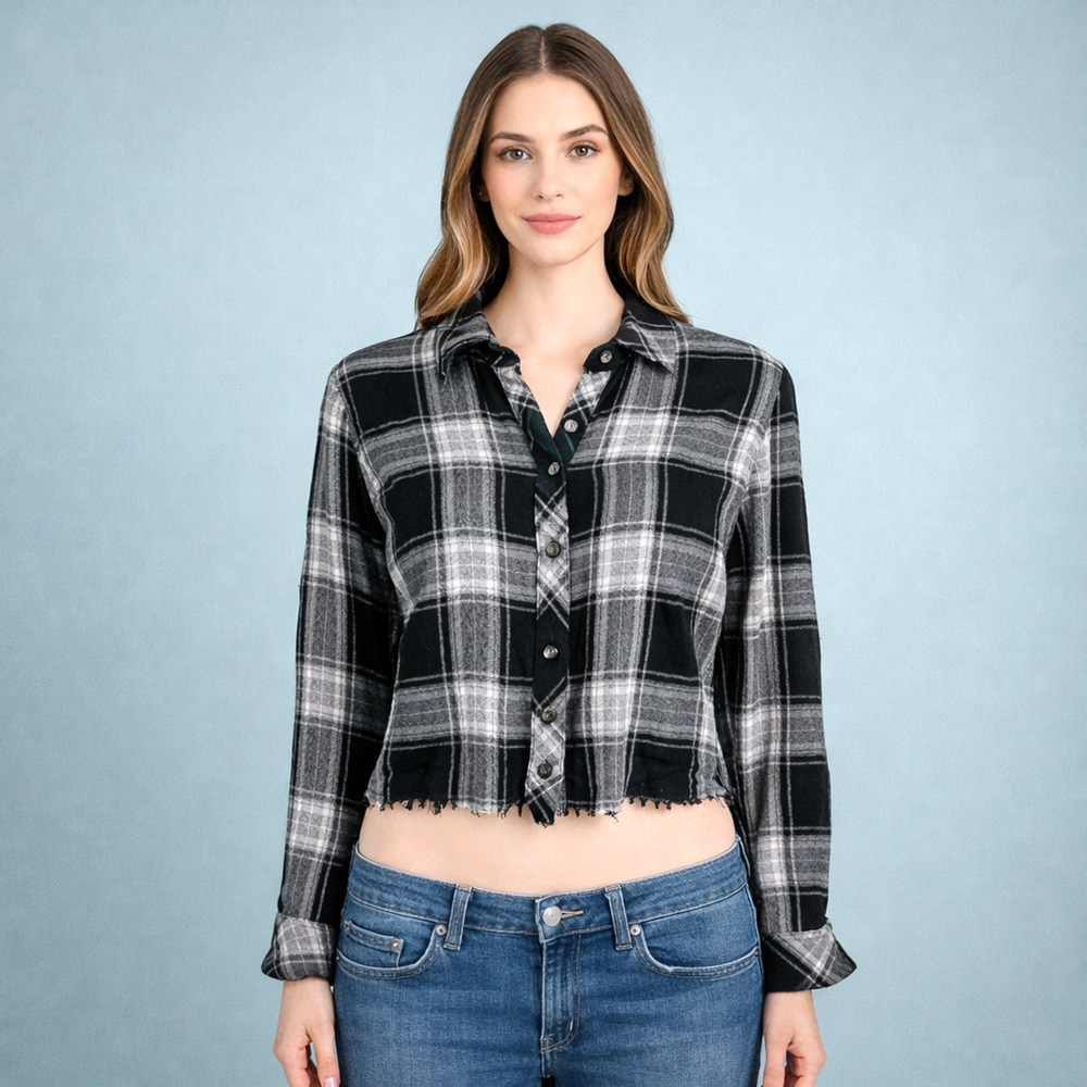 Rails Size XS Black White Plaid Print Crop Frayed Raw Edge Long Sleeve Top